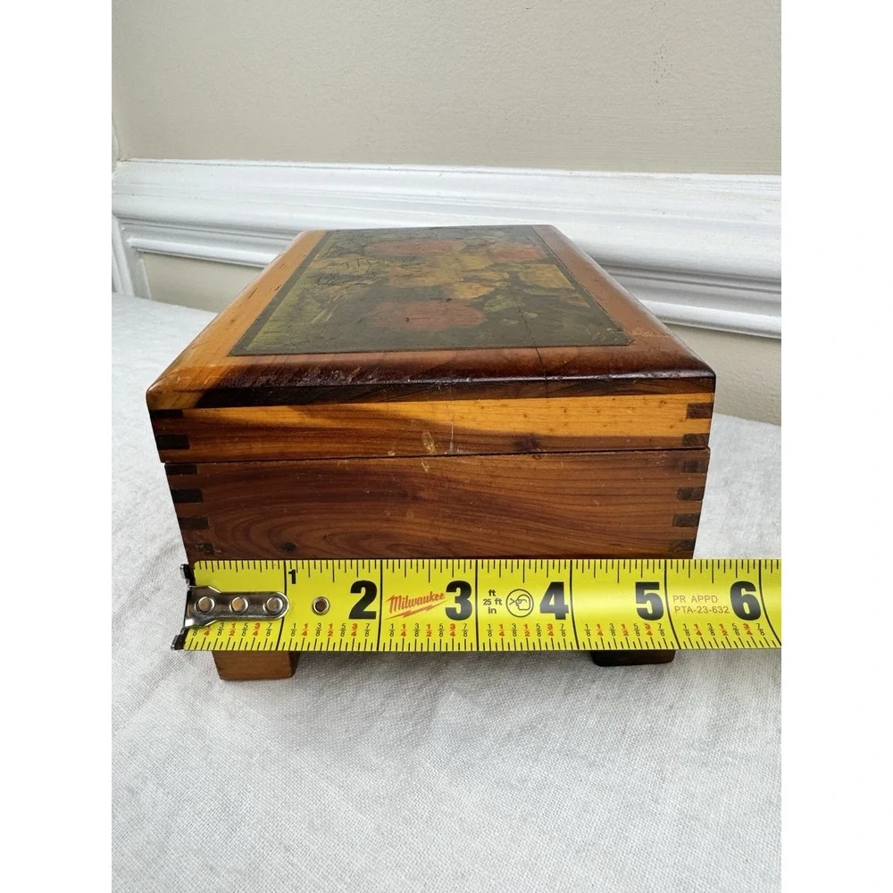 Vintage Cedar Wood Jewelry Box Floral Bird Lithograph Finger Jointed Chest